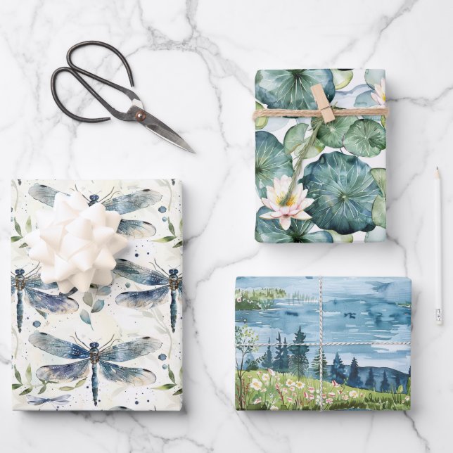 Blue Dragonfly Bridal Shower Wrapping Paper Sheet (Front)