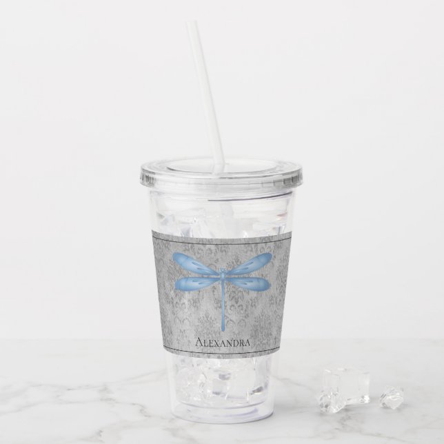 Blue Dragonfly Damask Acrylic Tumbler (Front Ice)