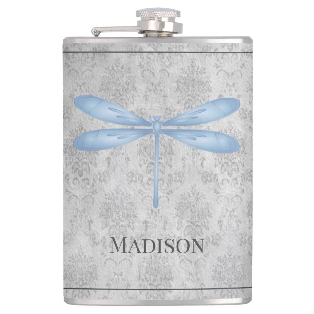Blue Dragonfly Damask Flask (Front)