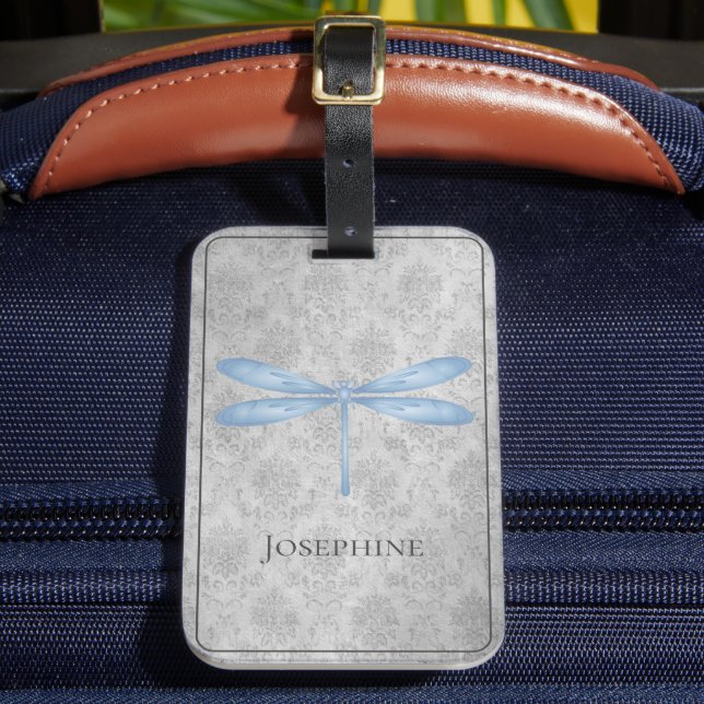 Blue Dragonfly Damask Luggage Tag (Front Insitu 2)