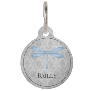 Blue Dragonfly Damask Round Pet Tag