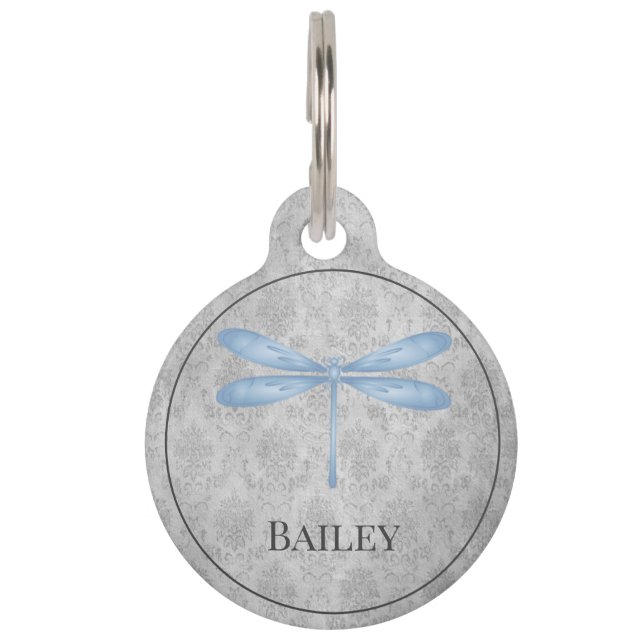 Blue Dragonfly Damask Round Pet Tag (Front)