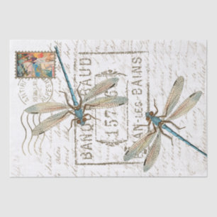Blue Dragonfly French Script Postmark Decoupage  Tissue Paper