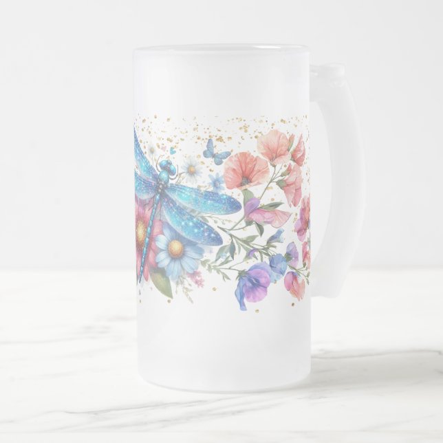 Blue Dragonfly Frosted Glass Beer Mug (Front Right)