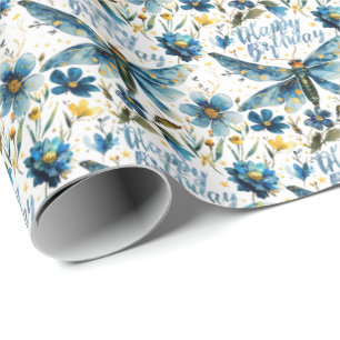 Blue Dragonfly Gift Wrap Happy Birthday