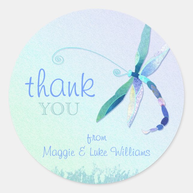 Blue Dragonfly Meadow Wedding Thank You Classic Round Sticker (Front)