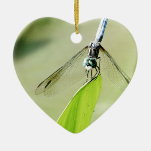 Blue Dragonfly on a green leaf Ceramic Tree Decoration