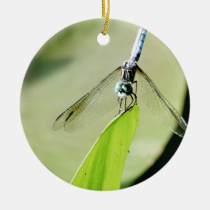 Blue Dragonfly on a green leaf Ceramic Tree Decoration