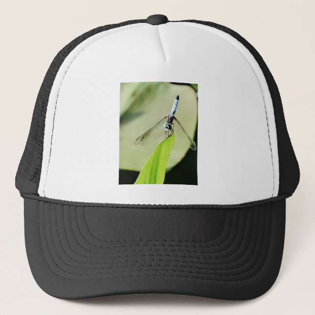 Blue Dragonfly on a green leaf Trucker Hat (Front)