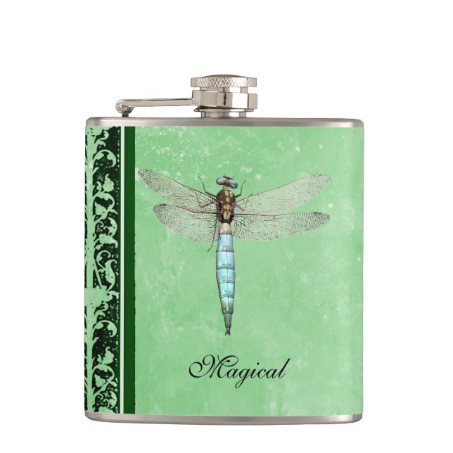 Blue Dragonfly on Black & Green Hip Flask (Front)