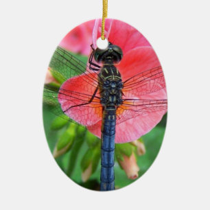 Blue dragonfly on pink flower green background ceramic tree decoration