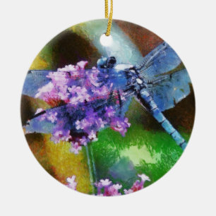 Blue Dragonfly on Wild Garlic Ceramic Tree Decoration