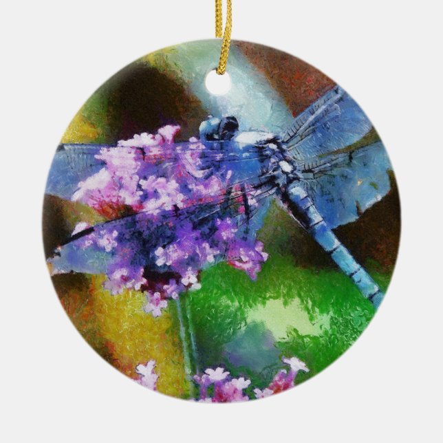 Blue Dragonfly on Wild Garlic Ceramic Tree Decoration (Front)