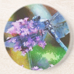 Blue Dragonfly on Wild Garlic Dot Art Coaster