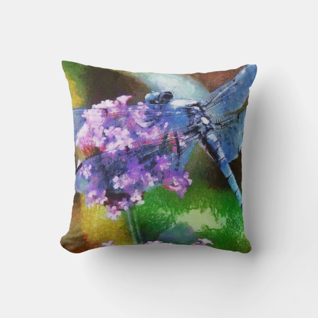 Blue Dragonfly on Wild Garlic Dot Art Cushion (Front)