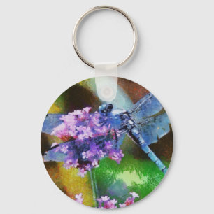Blue Dragonfly on Wild Garlic Dot Art Key Ring