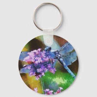 Blue Dragonfly on Wild Garlic Dot Art Key Ring