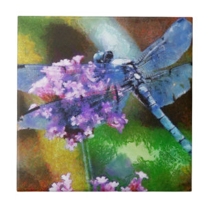 Blue Dragonfly on Wild Garlic Dot Art Tile