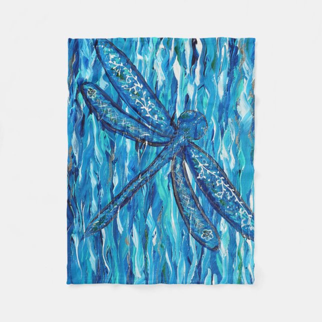 Blue Dragonfly Painting Fleece Blanket (Front)