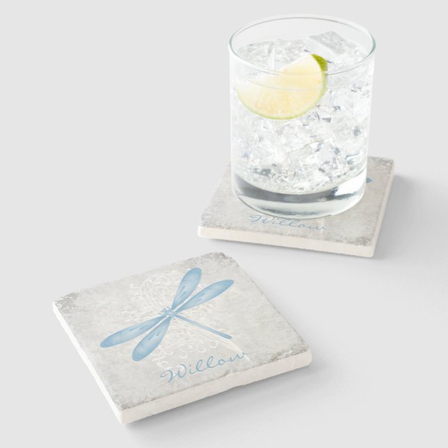 Blue Dragonfly Personalised Stone Coaster (Side)