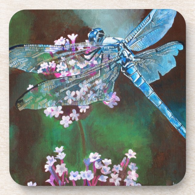 Blue Dragonfly Resting On Wild Garlic Coaster (Front)