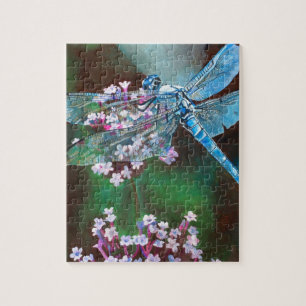 Blue Dragonfly Resting On Wild Garlic Jigsaw Puzzle