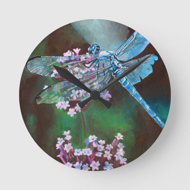 Blue Dragonfly Resting On Wild Garlic Round Clock (Front)