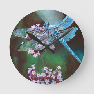 Blue Dragonfly Resting On Wild Garlic Round Clock