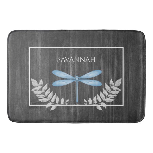 Blue Dragonfly Rustic Personalised Bath Mat (Front)