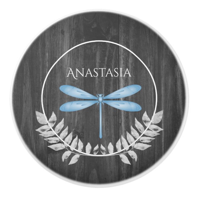 Blue Dragonfly Rustic Personalised Ceramic Knob (Front)