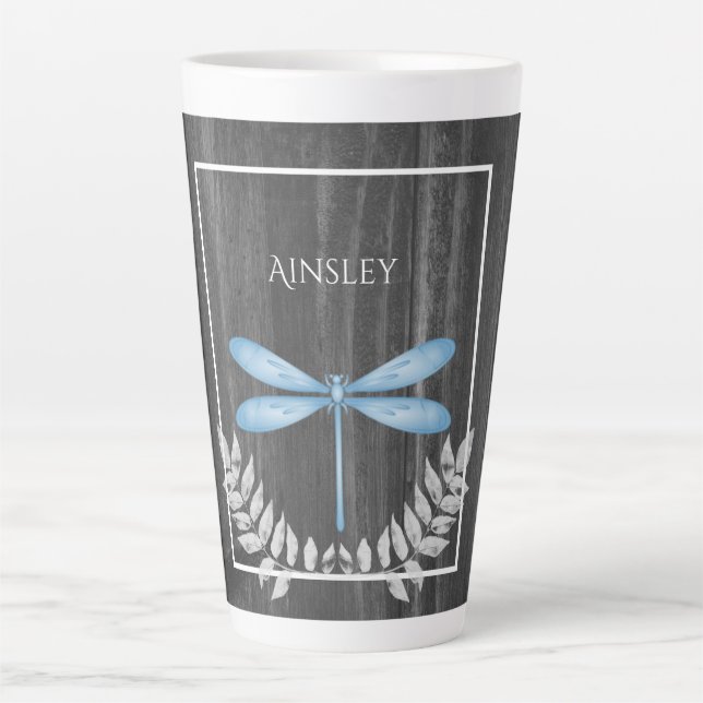 Blue Dragonfly Rustic Personalised Latte Mug (Front)