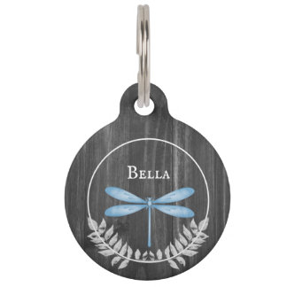 Blue Dragonfly Rustic Round Pet Tag