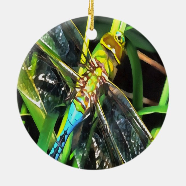 Blue Dragonfly Shimmering Wings Painting Ceramic Tree Decoration (Back)