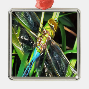 Blue Dragonfly Shimmering Wings Painting Metal Tree Decoration