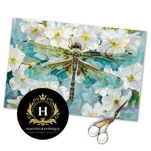Blue Dragonfly Vintage White Blossoms Decoupage Tissue Paper