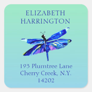 Blue Dragonfly Watercolor Nature Return Address Square Sticker