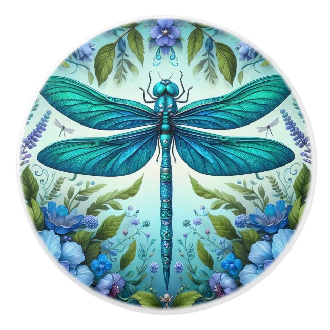 Blue Dragonfly with Flowers Ceramic Knob (Front)