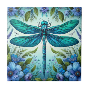 Blue Dragonfly with Flowers Tile