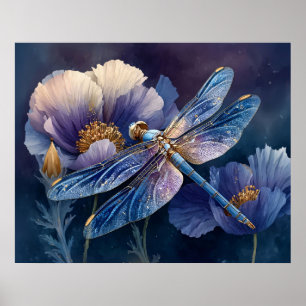 Blue Dragonfly with Golden Wings Poster