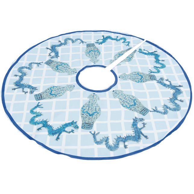  Blue Dragons Chinoiserie Ginger Jar Jars    Brushed Polyester Tree Skirt (Angled)