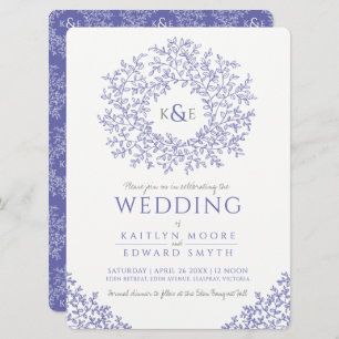 blue drawn leaf monogram art wedding invitation