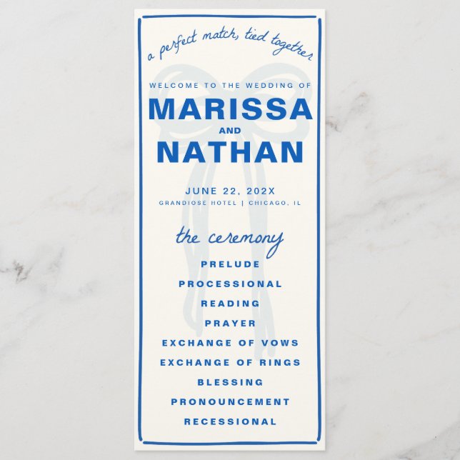 Blue Drawn Together Bow Wedding Program Programme (Front)