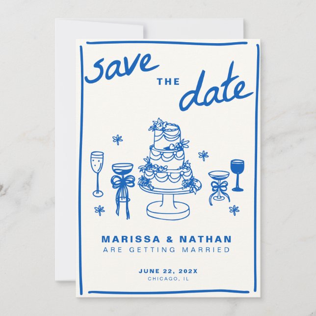 Blue Drawn Together Wedding Save The Date (Front)