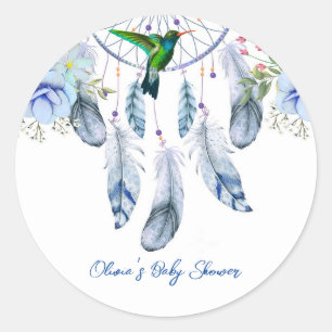 Blue Dreamcatcher Hummingbird Boy Baby Shower Classic Round Sticker