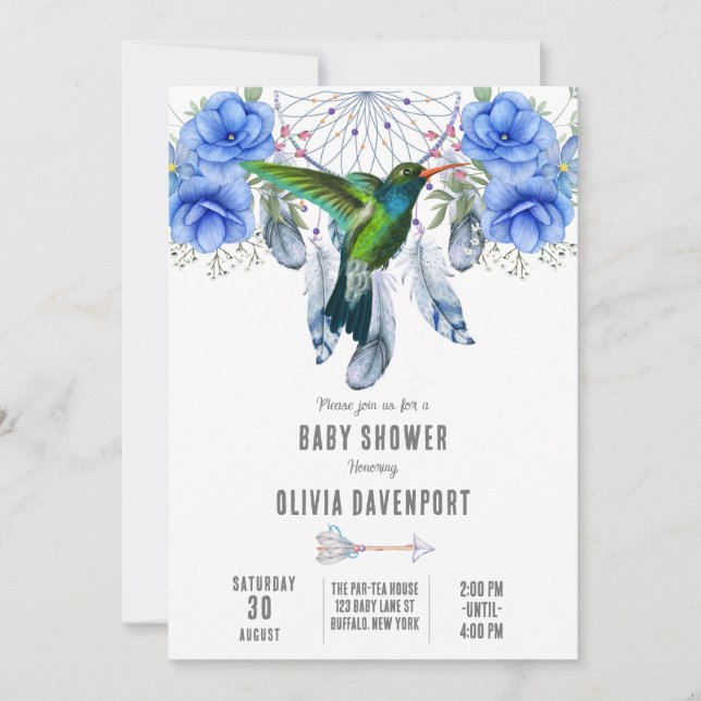 Blue Dreamcatcher Hummingbird Boy Baby Shower Invi Invitation (Front)