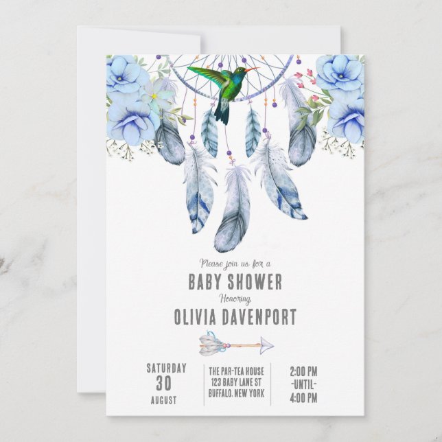 Blue Dreamcatcher Hummingbird Boy Baby Shower Invitation (Front)