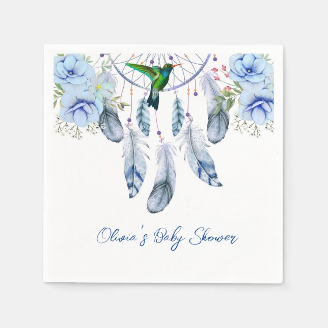 Blue Dreamcatcher Hummingbird Boy Baby Shower  Napkin (Front)