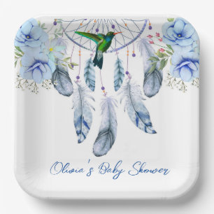 Blue Dreamcatcher Hummingbird Boy Baby Shower Paper Plate