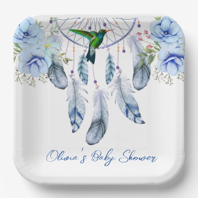 Blue Dreamcatcher Hummingbird Boy Baby Shower Paper Plate (Front)