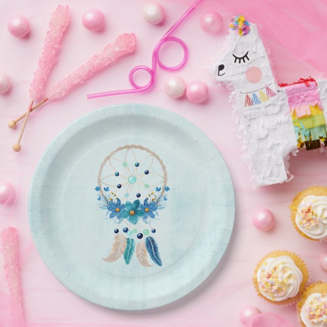 Blue Dreamcatcher Stylish Boho Design Paper Plate (Party)